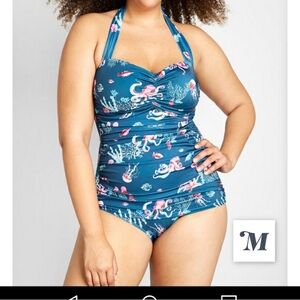 ModCloth Esther Williams Teal Halter One-Piece with Pink Octopus Print